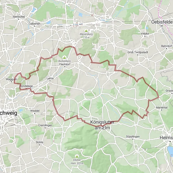 Map miniature of "Scenic Gravel Loop: Mörse to Hondelage" cycling inspiration in Braunschweig, Germany. Generated by Tarmacs.app cycling route planner