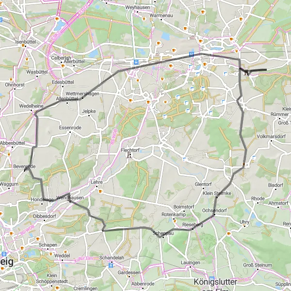 Map miniature of "Wettmershagen to Hondelage" cycling inspiration in Braunschweig, Germany. Generated by Tarmacs.app cycling route planner