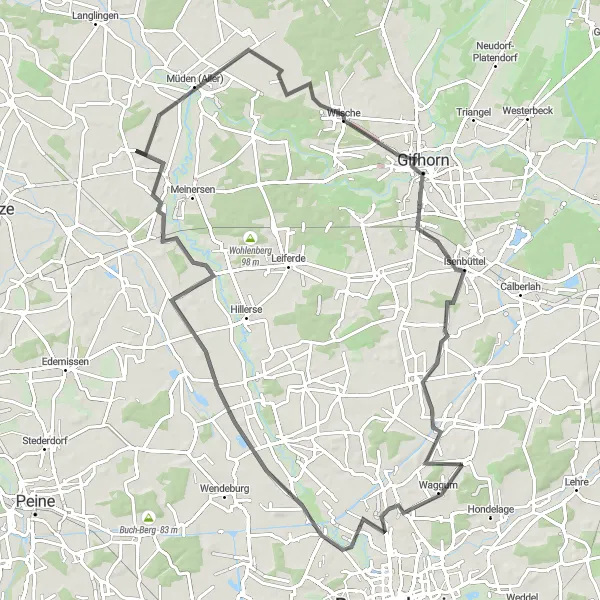 Map miniature of "Explore the Countryside around Müden (Aller)" cycling inspiration in Braunschweig, Germany. Generated by Tarmacs.app cycling route planner