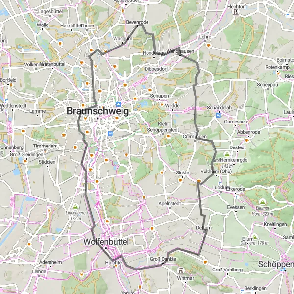 Map miniature of "Around Bevenrode and Wolfenbüttel" cycling inspiration in Braunschweig, Germany. Generated by Tarmacs.app cycling route planner