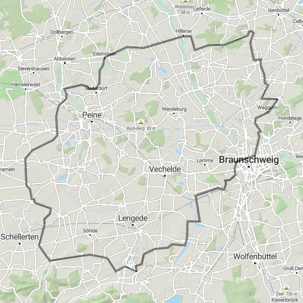 Map miniature of "Braunschweig Broitzem to Meine Circuit" cycling inspiration in Braunschweig, Germany. Generated by Tarmacs.app cycling route planner