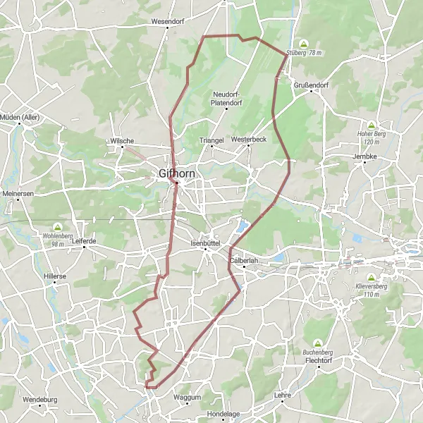 Karten-Miniaturansicht der Radinspiration "Rundtour ab Bienrode über Vordorf und Edesbüttel" in Braunschweig, Germany. Erstellt vom Tarmacs.app-Routenplaner für Radtouren