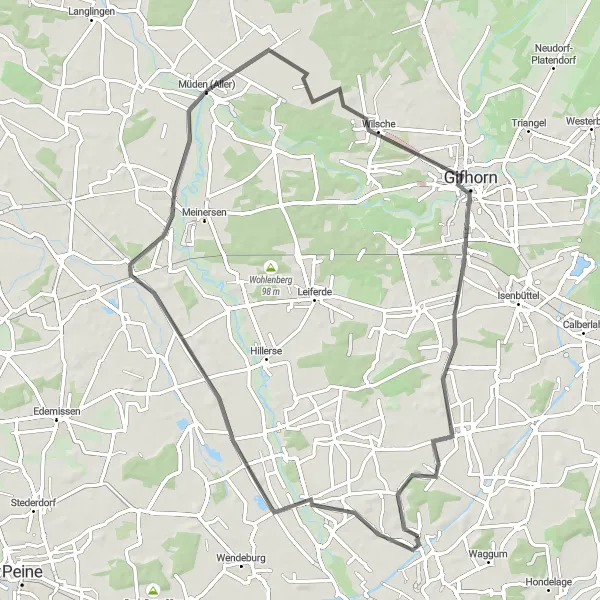 Karten-Miniaturansicht der Radinspiration "Rundfahrt um Gifhorn" in Braunschweig, Germany. Erstellt vom Tarmacs.app-Routenplaner für Radtouren