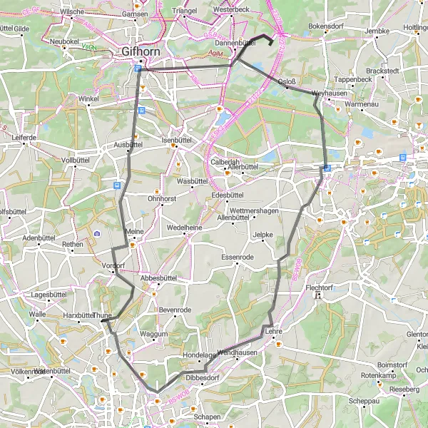 Map miniature of "Bienrode-Rötgesbüttel-Gifhorn-Katzenberg-Maschgarten-Berg-Osloß-Lehre-Hondelage-Schlossberg" cycling inspiration in Braunschweig, Germany. Generated by Tarmacs.app cycling route planner