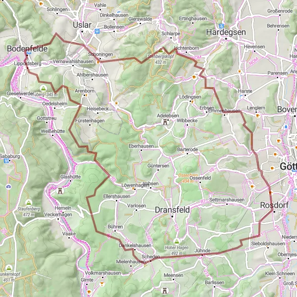 Map miniature of "Bodenfelde - Gravel Adventure" cycling inspiration in Braunschweig, Germany. Generated by Tarmacs.app cycling route planner