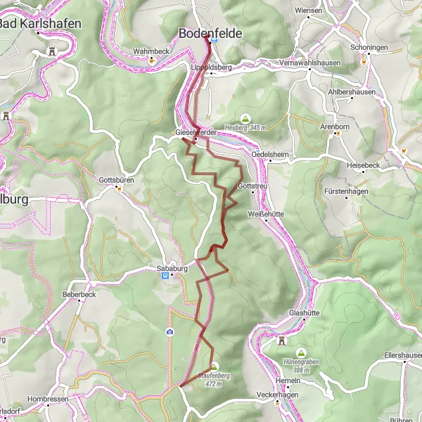 Map miniature of "Gravel Adventure: Bodenfelde Loop" cycling inspiration in Braunschweig, Germany. Generated by Tarmacs.app cycling route planner