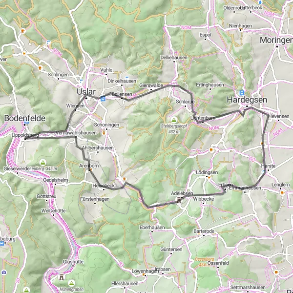 Karten-Miniaturansicht der Radinspiration "Rundtour durch Hardegsen und Adelebsen" in Braunschweig, Germany. Erstellt vom Tarmacs.app-Routenplaner für Radtouren