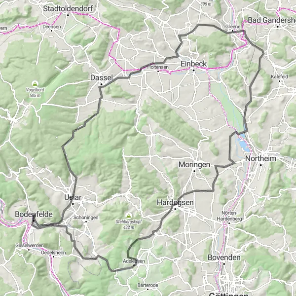 Map miniature of "Picturesque Road Loop from Bodenfelde" cycling inspiration in Braunschweig, Germany. Generated by Tarmacs.app cycling route planner