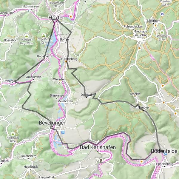 Karten-Miniaturansicht der Radinspiration "Idyllische Weserrunde durch Höxter und Papenberg" in Braunschweig, Germany. Erstellt vom Tarmacs.app-Routenplaner für Radtouren