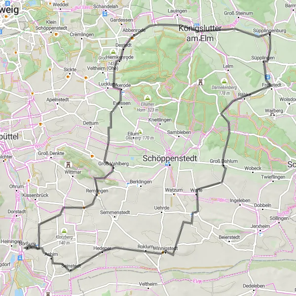 Map miniature of "Elm Delights: Cycling through Idyllic Landscapes and Historic Towns" cycling inspiration in Braunschweig, Germany. Generated by Tarmacs.app cycling route planner