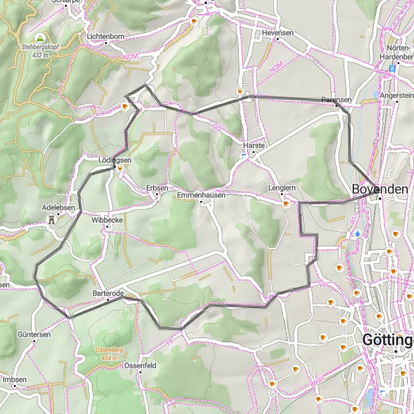 Karten-Miniaturansicht der Radinspiration "Rundtour um Bovenden" in Braunschweig, Germany. Erstellt vom Tarmacs.app-Routenplaner für Radtouren