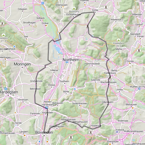 Karten-Miniaturansicht der Radinspiration "Abenteuerliche Straßentour um Bovenden" in Braunschweig, Germany. Erstellt vom Tarmacs.app-Routenplaner für Radtouren