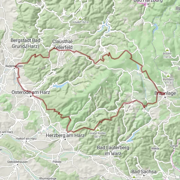 Map miniature of "Challenging Gravel Adventure in Harz" cycling inspiration in Braunschweig, Germany. Generated by Tarmacs.app cycling route planner