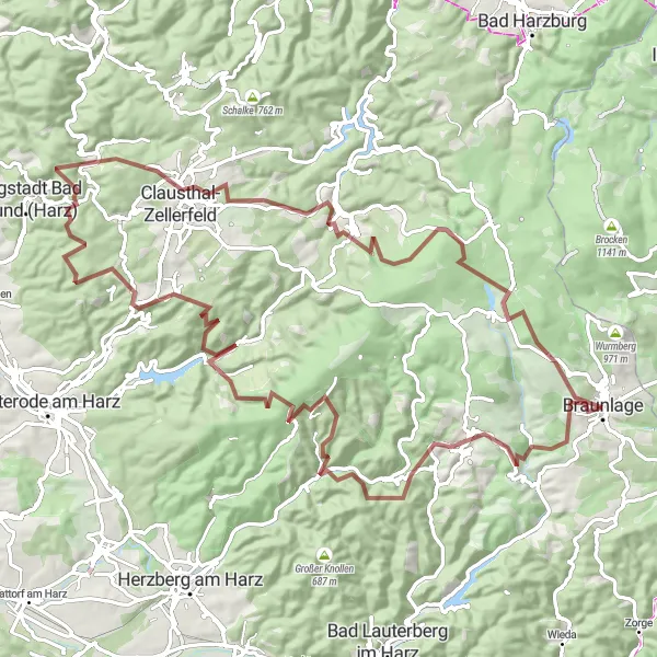 Map miniature of "Gravel Adventure through Harz Mountains" cycling inspiration in Braunschweig, Germany. Generated by Tarmacs.app cycling route planner