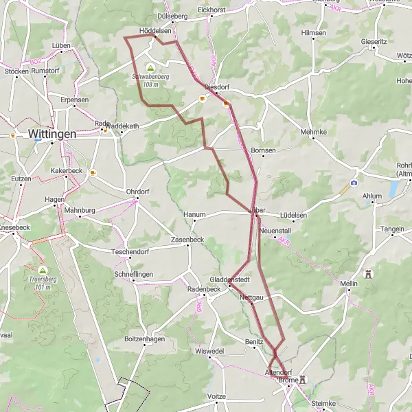 Karten-Miniaturansicht der Radinspiration "Gravel Bike Tour nach Gladdenstedt und Brome" in Braunschweig, Germany. Erstellt vom Tarmacs.app-Routenplaner für Radtouren