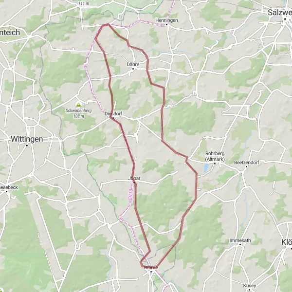 Map miniature of "Scenic Gravel Adventure near Brome" cycling inspiration in Braunschweig, Germany. Generated by Tarmacs.app cycling route planner