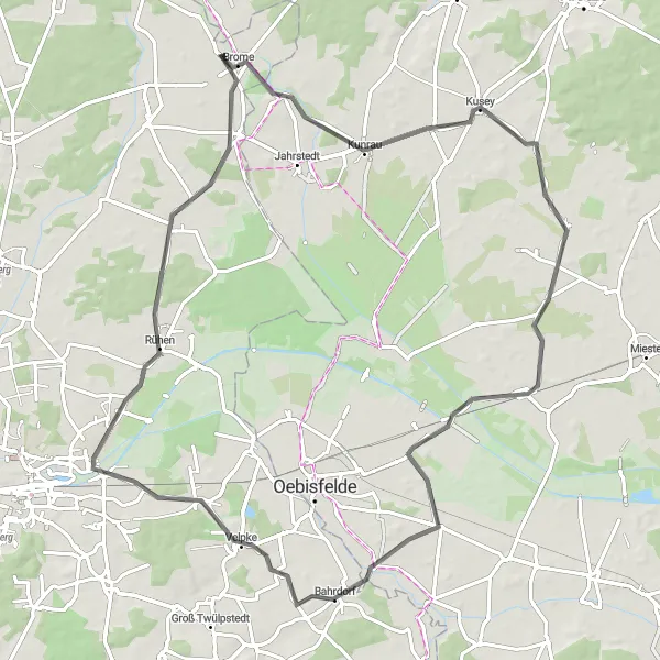 Map miniature of "Scenic Tour of Brome and Rühen" cycling inspiration in Braunschweig, Germany. Generated by Tarmacs.app cycling route planner