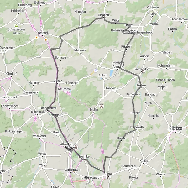 Map miniature of "Altmark Road Journey" cycling inspiration in Braunschweig, Germany. Generated by Tarmacs.app cycling route planner