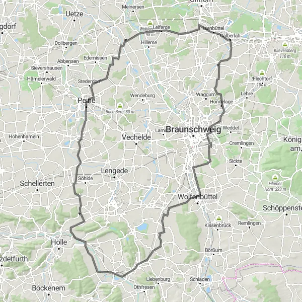 Karten-Miniaturansicht der Radinspiration "Wolfenbüttel Tour durch Baddeckenstedt und Peine" in Braunschweig, Germany. Erstellt vom Tarmacs.app-Routenplaner für Radtouren