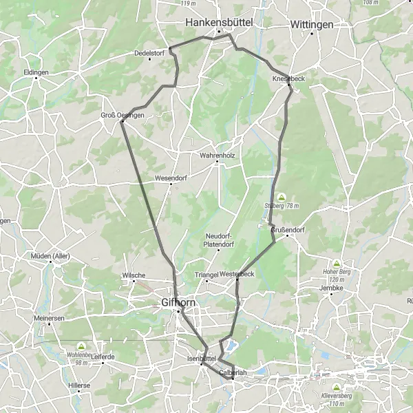 Map miniature of "The Isenbüttel Loop" cycling inspiration in Braunschweig, Germany. Generated by Tarmacs.app cycling route planner