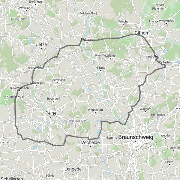 Karten-Miniaturansicht der Radinspiration "Langstreckenrundtour von Meine nach Gifhorn" in Braunschweig, Germany. Erstellt vom Tarmacs.app-Routenplaner für Radtouren