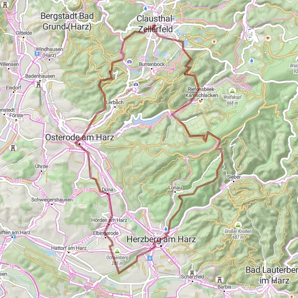 Karten-Miniaturansicht der Radinspiration "Rundweg nach Clausthal-Zellerfeld" in Braunschweig, Germany. Erstellt vom Tarmacs.app-Routenplaner für Radtouren