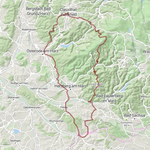 Map miniature of "Ultimate Gravel Challenge: Harz Mountain Traverse" cycling inspiration in Braunschweig, Germany. Generated by Tarmacs.app cycling route planner