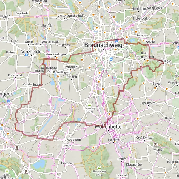 Map miniature of "Gravel Paradise" cycling inspiration in Braunschweig, Germany. Generated by Tarmacs.app cycling route planner