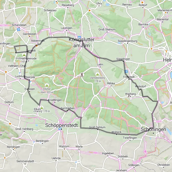 Map miniature of "Hills and Valleys" cycling inspiration in Braunschweig, Germany. Generated by Tarmacs.app cycling route planner