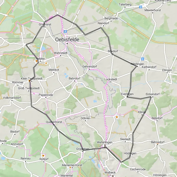 Karten-Miniaturansicht der Radinspiration "Entlang der ländlichen Straßen von Braunschweig" in Braunschweig, Germany. Erstellt vom Tarmacs.app-Routenplaner für Radtouren