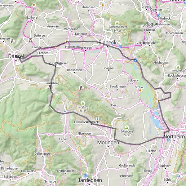 Map miniature of "Roads of Einbeck" cycling inspiration in Braunschweig, Germany. Generated by Tarmacs.app cycling route planner