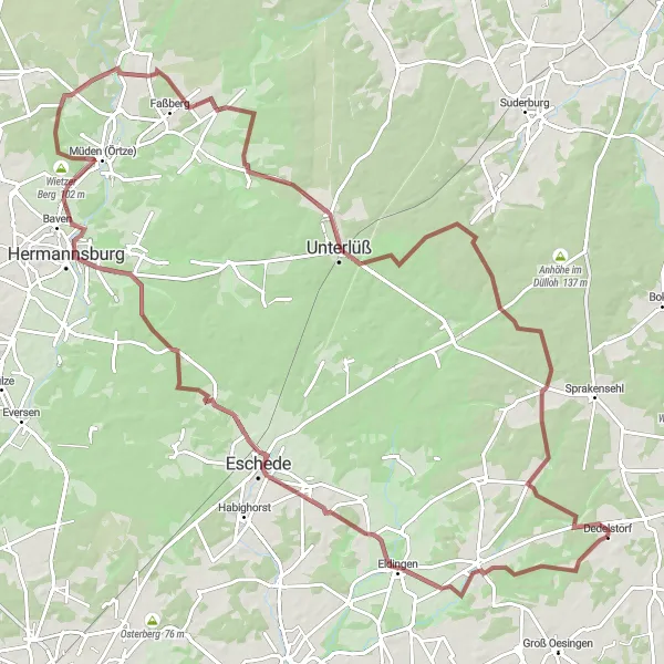 Map miniature of "From Dedelstorf through Steinhorst and Baven" cycling inspiration in Braunschweig, Germany. Generated by Tarmacs.app cycling route planner