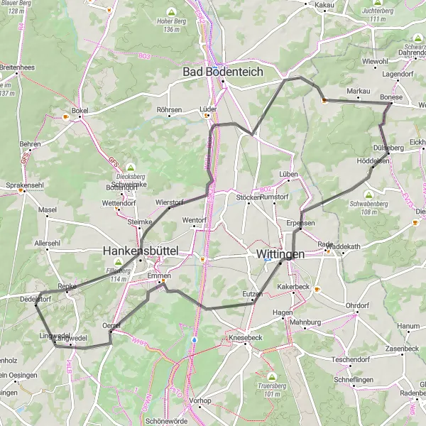 Karten-Miniaturansicht der Radinspiration "Rundweg von Dedelstorf nach Wittingen" in Braunschweig, Germany. Erstellt vom Tarmacs.app-Routenplaner für Radtouren