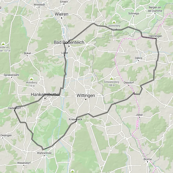 Karten-Miniaturansicht der Radinspiration "Rundfahrt Dedelstorf: Dörfer und Natur erkunden" in Braunschweig, Germany. Erstellt vom Tarmacs.app-Routenplaner für Radtouren