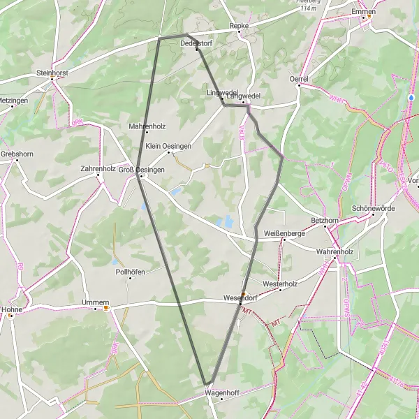 Karten-Miniaturansicht der Radinspiration "Road-Tour in der Nähe von Dedelstorf" in Braunschweig, Germany. Erstellt vom Tarmacs.app-Routenplaner für Radtouren
