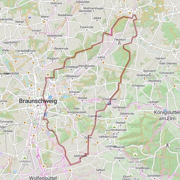 Map miniature of "Detmerode - Flechtorf - Cremlingen - Salzdahlum - Prinz-Albrecht-Park - Rodelberg Nordpark - Groß Brunsrode - Mörse - Detmerode" cycling inspiration in Braunschweig, Germany. Generated by Tarmacs.app cycling route planner