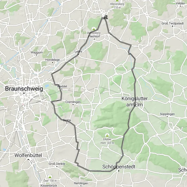 Map miniature of "Detmerode - Ochsendorf - Osterberg - Schöppenstedt - Sickte - Weddeler Berg - Lehre - Buchenberg" cycling inspiration in Braunschweig, Germany. Generated by Tarmacs.app cycling route planner