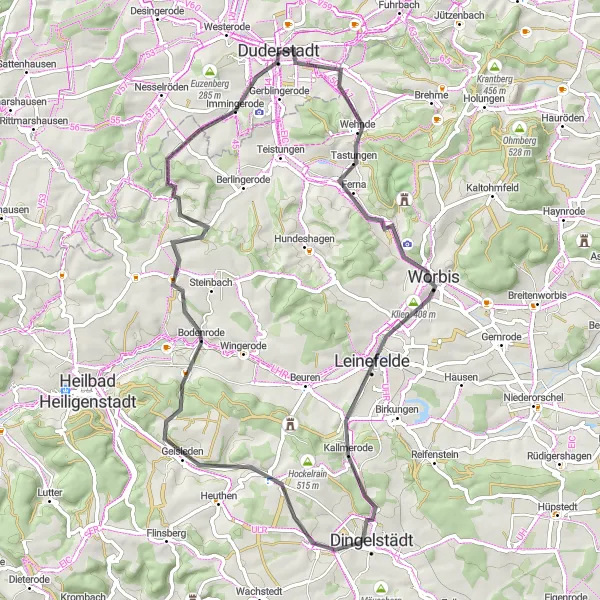 Karten-Miniaturansicht der Radinspiration "Roadtour durch die Natur von Duderstadt nach Questenberg" in Braunschweig, Germany. Erstellt vom Tarmacs.app-Routenplaner für Radtouren