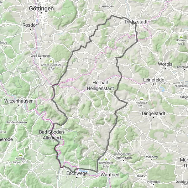 Map miniature of "Duderstadt to Bad Sooden-Allendorf" cycling inspiration in Braunschweig, Germany. Generated by Tarmacs.app cycling route planner