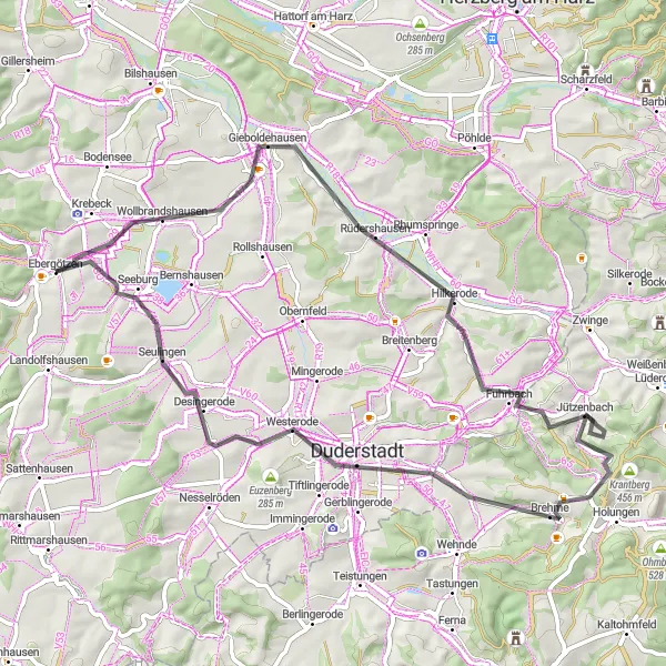 Map miniature of "Road Cycling Route around Ebergötzen" cycling inspiration in Braunschweig, Germany. Generated by Tarmacs.app cycling route planner