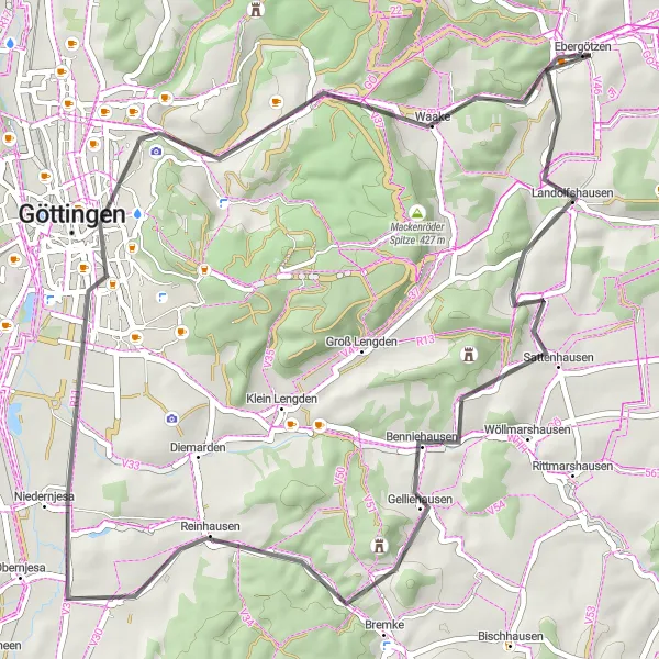 Map miniature of "Ebergötzen-Falkenhagen-Kronenberg-Neue Gleichen-Ballenhausen- Göttingen-Drakenberg-Papierberg-Ebergötzen Road Route" cycling inspiration in Braunschweig, Germany. Generated by Tarmacs.app cycling route planner
