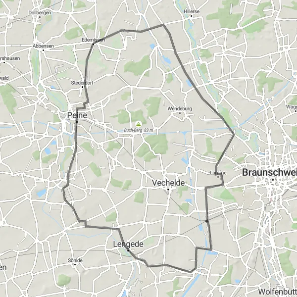 Map miniature of "Ersehof - Watenbüttel - Lammer Berg - Lengede - Peine - Edemissen" cycling inspiration in Braunschweig, Germany. Generated by Tarmacs.app cycling route planner