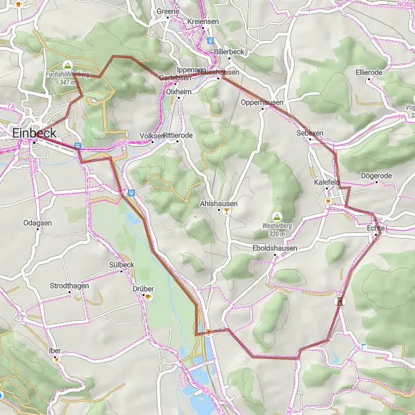 Map miniature of "Einbeck-Kaiser-Friedrich-Turm-Imbshausen-Salzderhelden-Altendorfer Berg-Einbeck" cycling inspiration in Braunschweig, Germany. Generated by Tarmacs.app cycling route planner