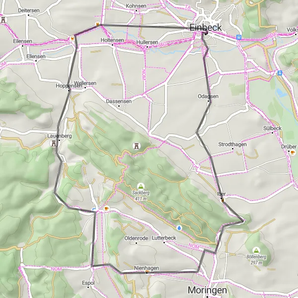 Map miniature of "Einbeck and its Surroundings" cycling inspiration in Braunschweig, Germany. Generated by Tarmacs.app cycling route planner