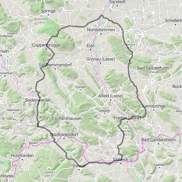 Map miniature of "Einbeck-Dassel-Heyen-Panoramablick Drei Dicke Buchen-Adenstedt-Winzenburg-Einbeck" cycling inspiration in Braunschweig, Germany. Generated by Tarmacs.app cycling route planner