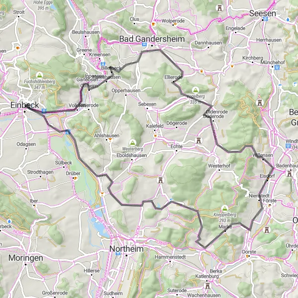 Map miniature of "Einbeck-Bad Gandersheim-Rolandskopf-Edesheim-Eickesches Haus-Einbeck" cycling inspiration in Braunschweig, Germany. Generated by Tarmacs.app cycling route planner