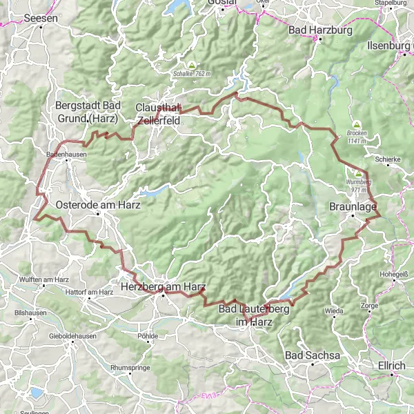 Map miniature of "Harz Gravel Expedition" cycling inspiration in Braunschweig, Germany. Generated by Tarmacs.app cycling route planner