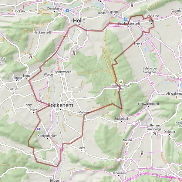 Map miniature of "Heere and Holle Gravel Adventure" cycling inspiration in Braunschweig, Germany. Generated by Tarmacs.app cycling route planner