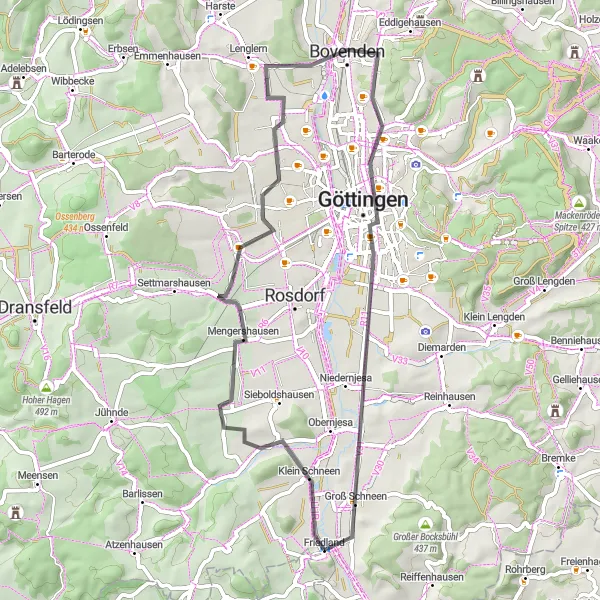 Karten-Miniaturansicht der Radinspiration "Rundkurs über Göttingen und Bovenden" in Braunschweig, Germany. Erstellt vom Tarmacs.app-Routenplaner für Radtouren