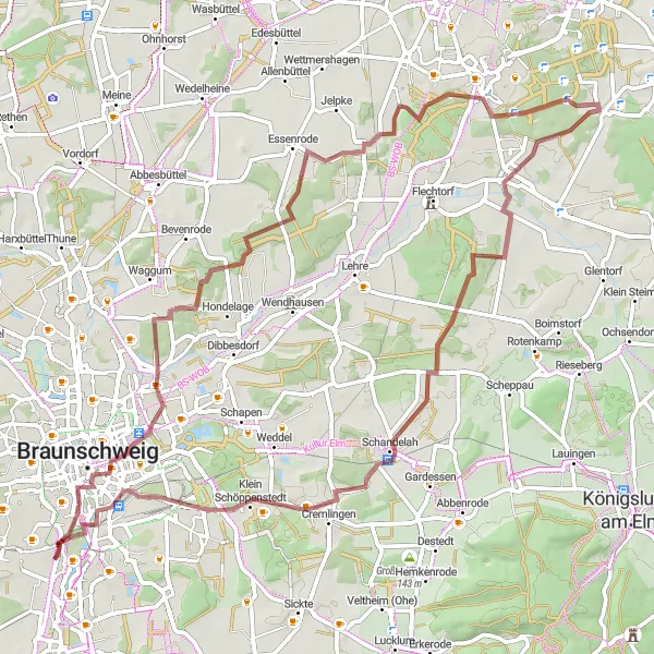 Map miniature of "Off-road adventure through scenic routes" cycling inspiration in Braunschweig, Germany. Generated by Tarmacs.app cycling route planner